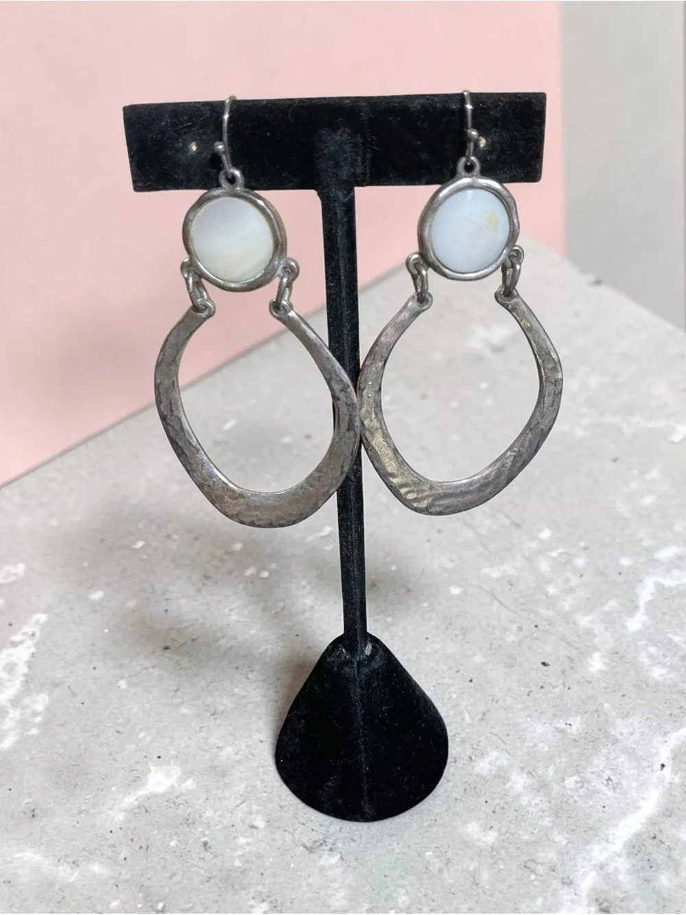 Elegant Mother of Pearl Hammered Silver Drop Earrings